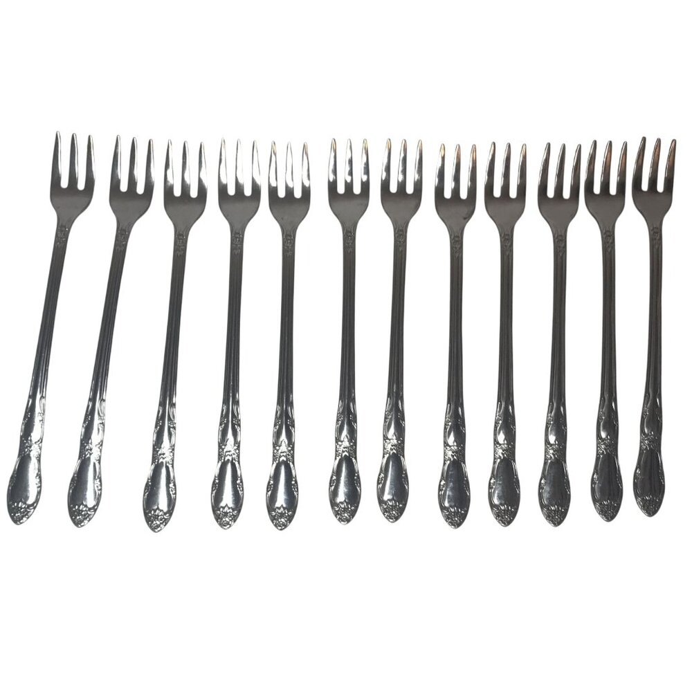 Wm A Rogers Stainless Steel Cocktail Forks Set Of 12 With Floral Handle Design